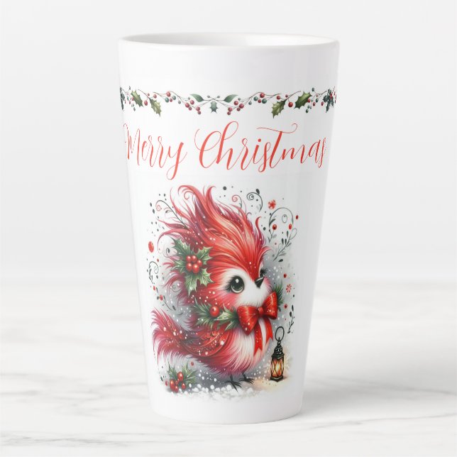 Caneca De Café Latte Roteiro de Natal Alegre com Pássaro de Feriado Cap (Frente)