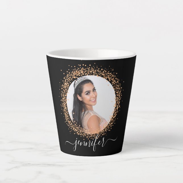 Caneca De Café Latte Roteiro glamouroso de rosa dourado preto (Frente)