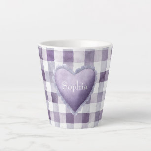 Caneca De Café Latte Roxo Branco Xadrez Listras Coração Nome Menina
