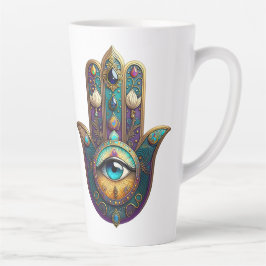 Caneca De Café Latte Roxo Dourado Verde Água Hamsa c/ Terceiro Olho Tur