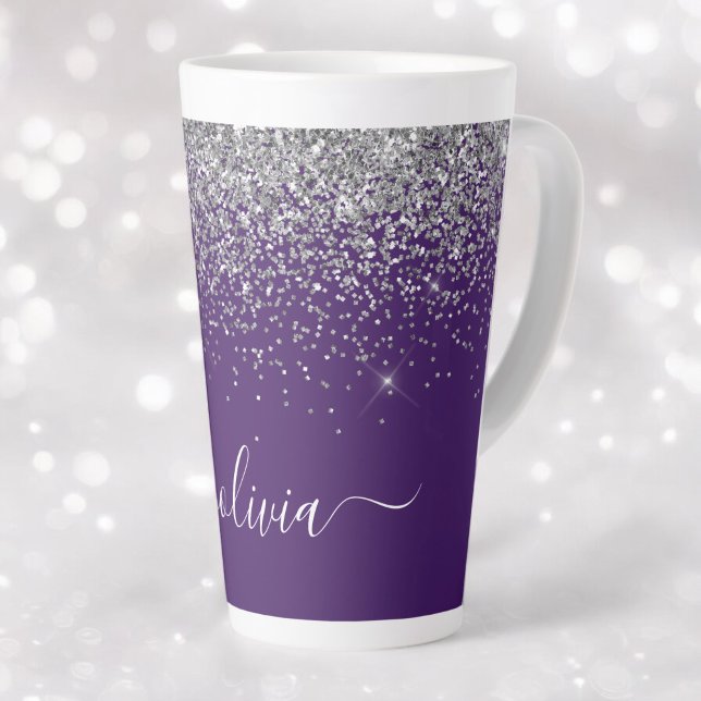 Caneca De Café Latte Roxo Silver Glitter Girly Glam Monograma (Criador carregado)