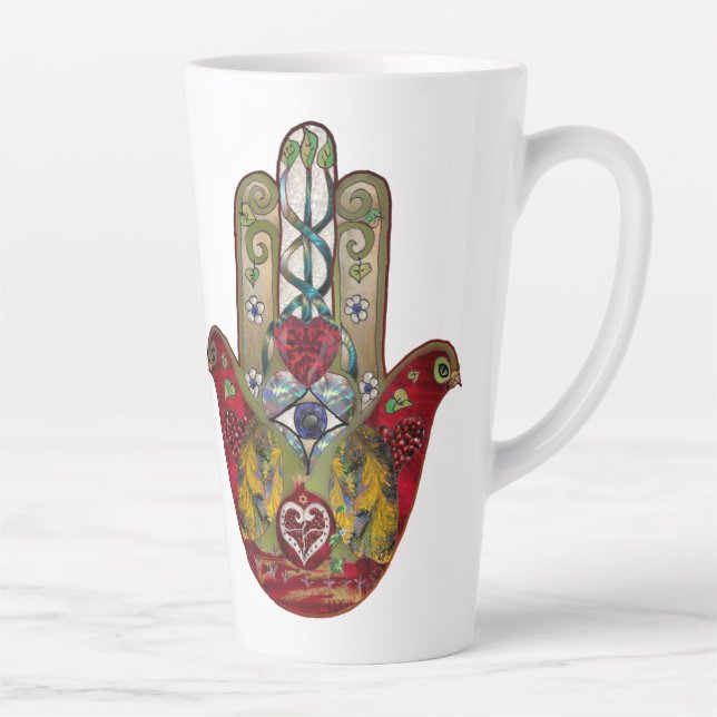 Caneca De Café Latte Ruby Pomegranate Heart Red Bird Hamsa (Direita)