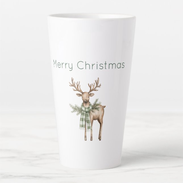 Caneca De Café Latte Rustic Brown Cream Green Deer Christmas (Frente)