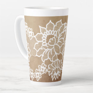 Caneca De Café Latte Rústico campo vintage bege juta e renda branca