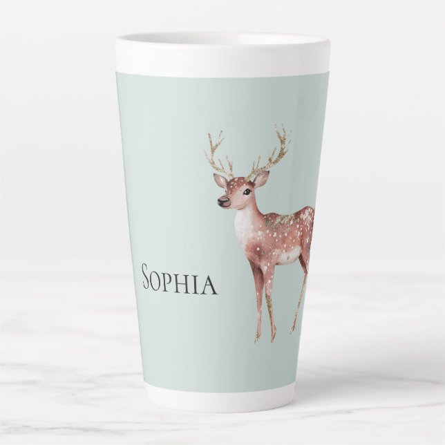 Caneca De Café Latte Sage Green Christmas Deer Personalizado (Frente)