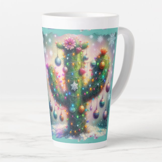Caneca De Café Latte Saguaro Cactus Whimsical Snowflakes de Natal (Ângulo direito)