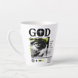 Caneca De Café Latte Salmo 121:2 Neon Olho de Deus em CRT Arte Glitch