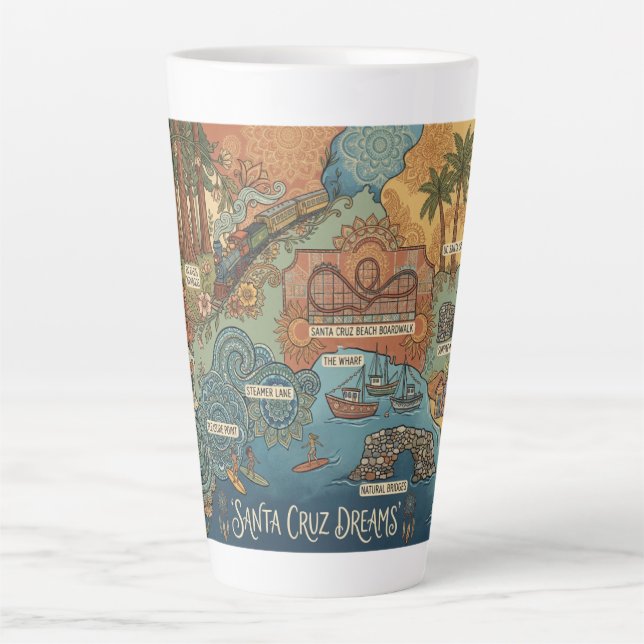 Caneca De Café Latte Santa Cruz California Dreams Map – Vibrant Coast (Frente)