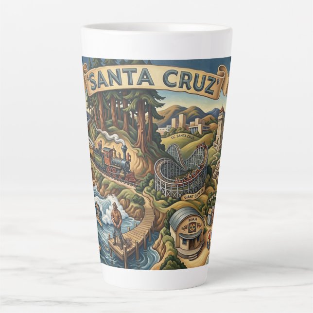 Caneca De Café Latte Santa Cruz California Illustrated Map UCSC Wharf (Frente)