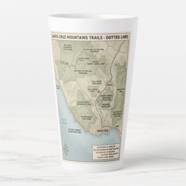 Caneca De Café Latte Santa Cruz California Trail Map Redwood & Coastal  (Frente)