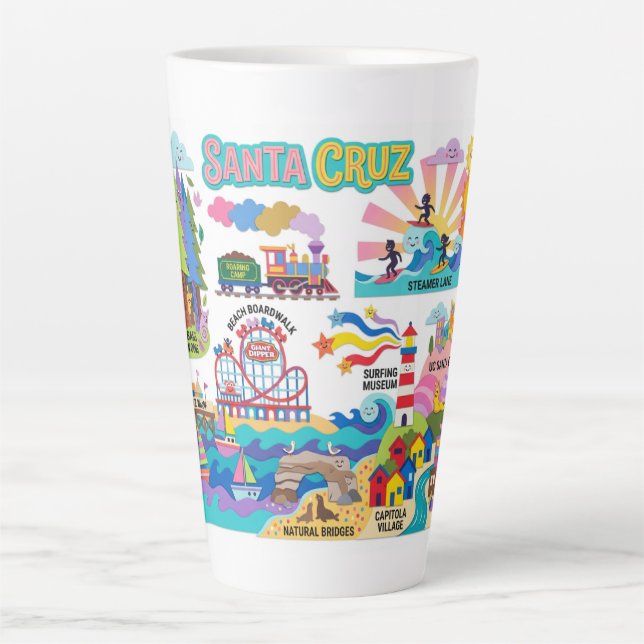 Caneca De Café Latte Santa Cruz Illustrated Map Boardwalk Beach Surfing (Frente)