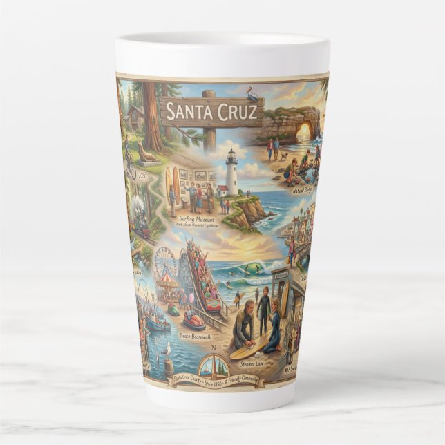 Caneca De Café Latte Santa Cruz Vibe Map – Cultural Coastal Art Print (Frente)
