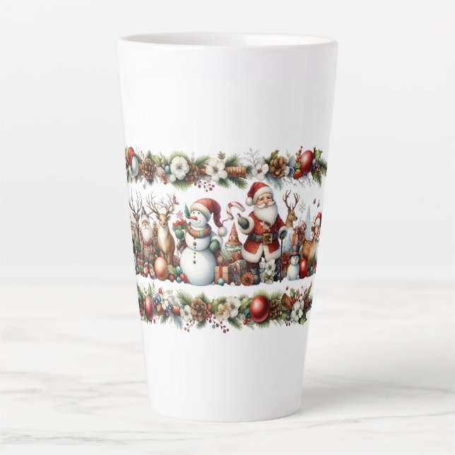 Caneca De Café Latte Santa’s Merry Band in Evergreen Splendor (Frente)