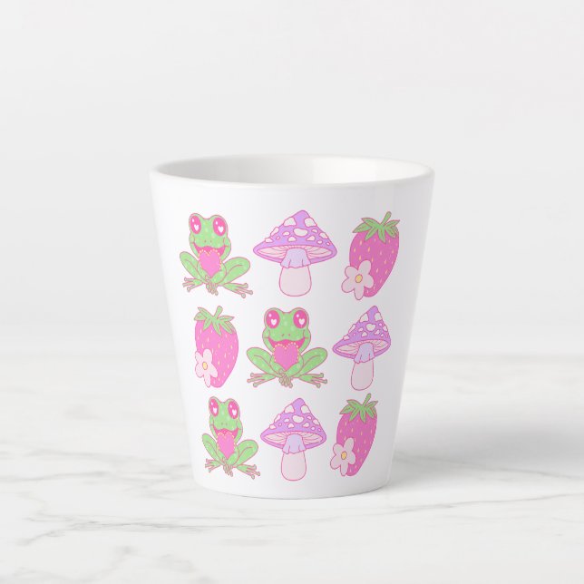 Caneca De Café Latte Sapo Kawaii, Cogumelo e Morango (Frente)