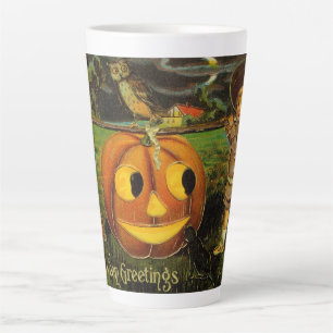 Caneca De Café Latte Saudações de Halloween - Cartão Postal Vintage Spo