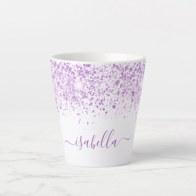 Caneca De Café Latte Script de nome da brilha roxa branca (Frente)