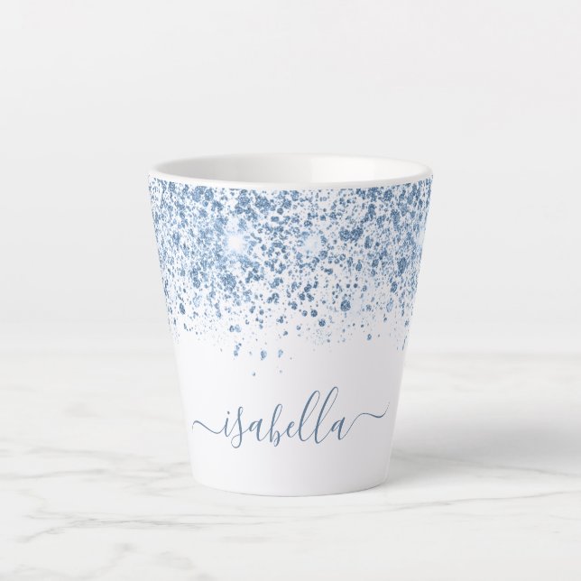 Caneca De Café Latte Script de nome da brilho azul branco (Frente)