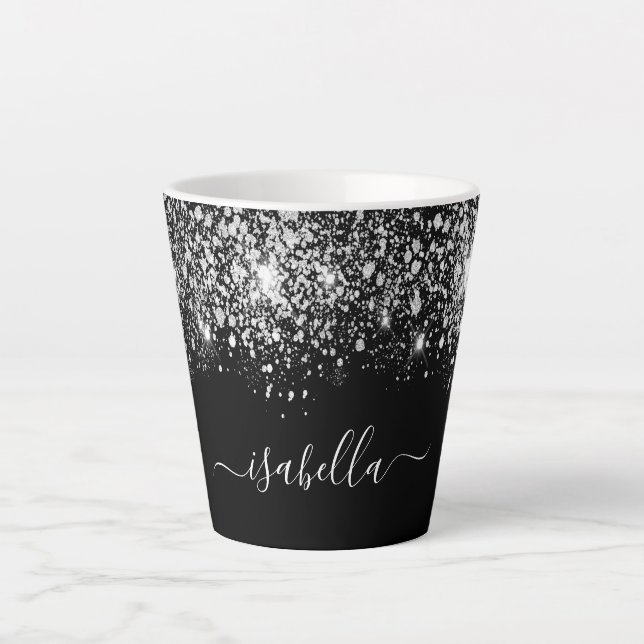 Caneca De Café Latte Script de nome da brilho prateada preta (Frente)