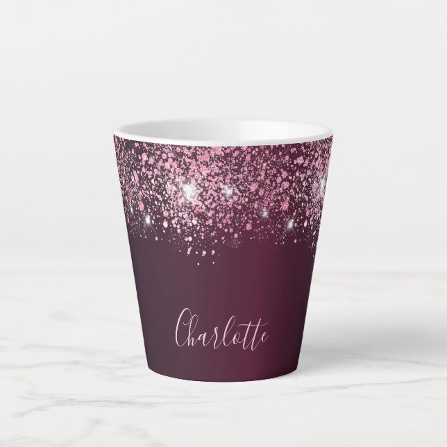 Caneca De Café Latte Script de nome da brilho rosa borromado (Frente)