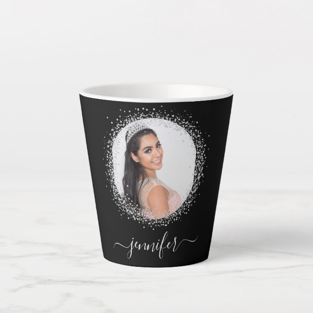 Caneca De Café Latte Script de nome da fenda de foto em prata preta (Frente)