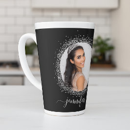 Caneca De Café Latte Script de nome da fenda de foto em prata preta
