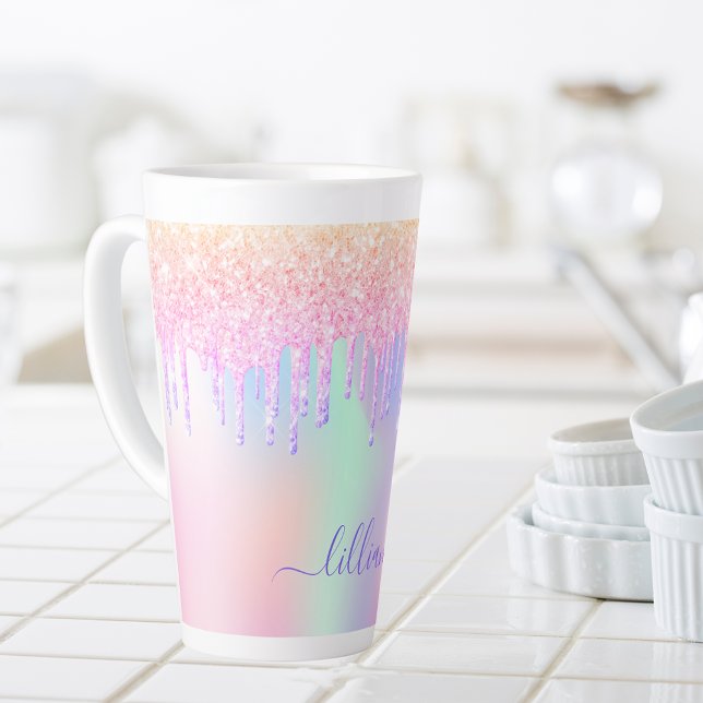 Caneca De Café Latte Script de nome de gotas cor-de-rosa holográfico (Criador carregado)