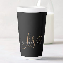 Caneca De Café Latte Script Feminino Dourado Preto Moderno Monograma