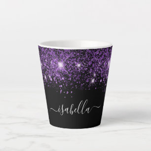 Caneca De Café Latte Script glamoroso de nome de brilho roxo preto