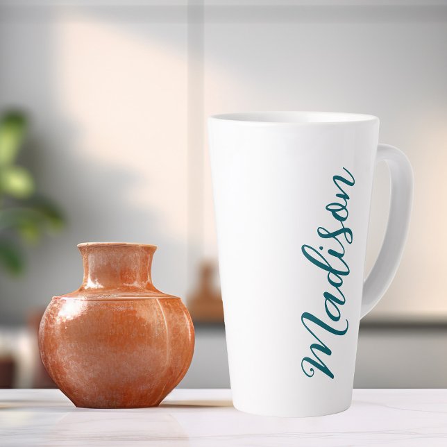Caneca De Café Latte Script Manuscrito Tendy Dark Turquoise Personaliza (Criador carregado)