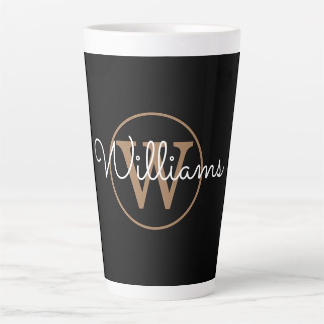 Caneca De Café Latte Script Monograma Dourado Moderno Preto (Frente)
