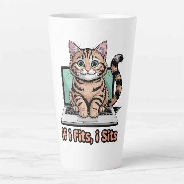 Caneca De Café Latte Se Eu Caibo, Eu Sento Presente de Gato Engraçado p (Frente)