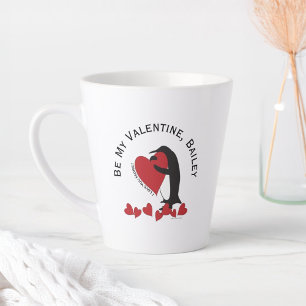 Caneca De Café Latte Seja Meu Namorado - Pinguim e Coração Vermelho