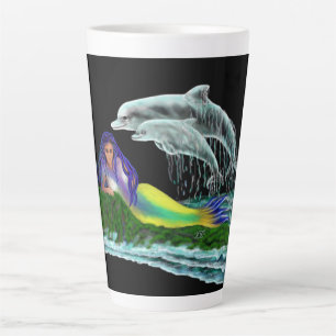 Caneca De Café Latte Sereia com golfinhos