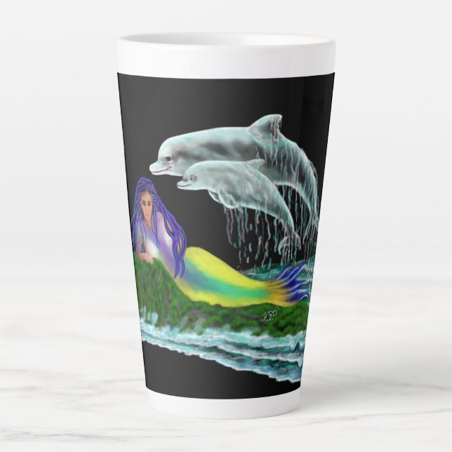 Caneca De Café Latte Sereia com golfinhos (Frente)