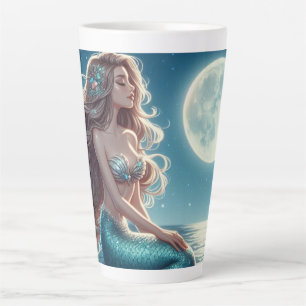 Caneca De Café Latte Sereia na praia à noite