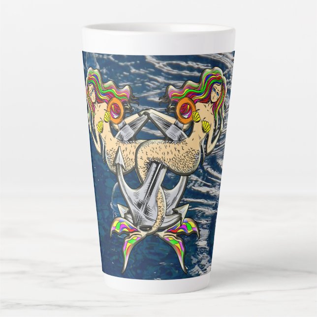 Caneca De Café Latte Sereias Ligadas - Design náutico para Pavimentos d (Frente)