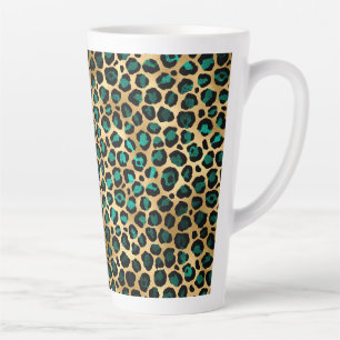 Caneca De Café Latte Série Leopardo Teal e Dourada Design 14 
