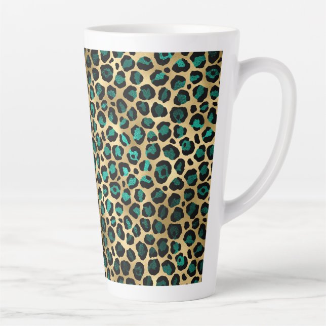 Caneca De Café Latte Série Leopardo-Teal e Dourada Design 14 (Direita)