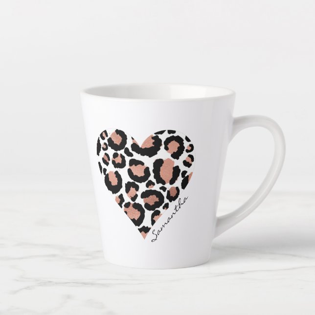 Caneca De Café Latte Seu Nome Leopardo Guepardo Padrão Coração (Direita)