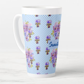 Caneca De Café Latte Shabby Pansy Floral Blue Gingham Flowers Girls Mug