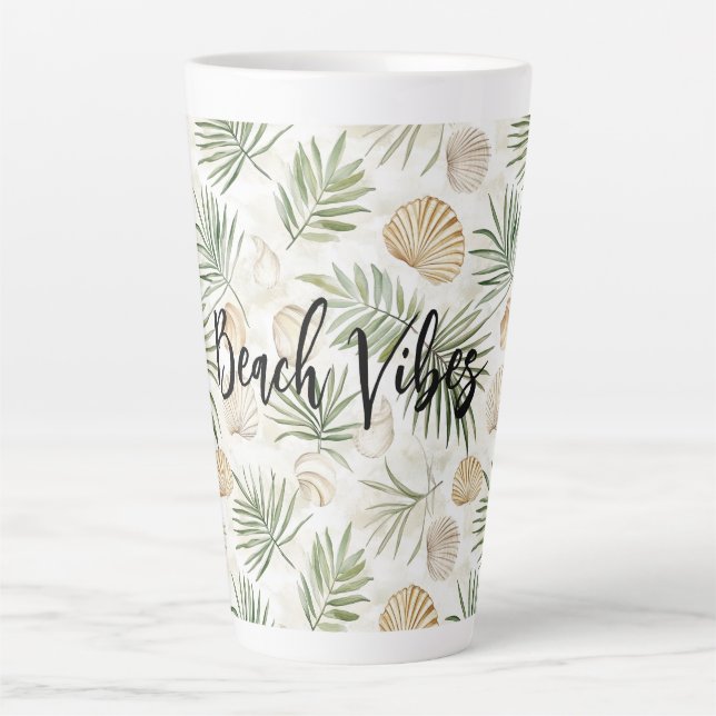 Caneca De Café Latte Shells Beach Green Palm Tree Leaves (Frente)