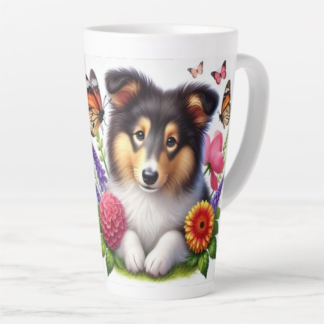 Caneca De Café Latte Shetland Sheepdog com Flores e Borboletas (Ângulo direito)