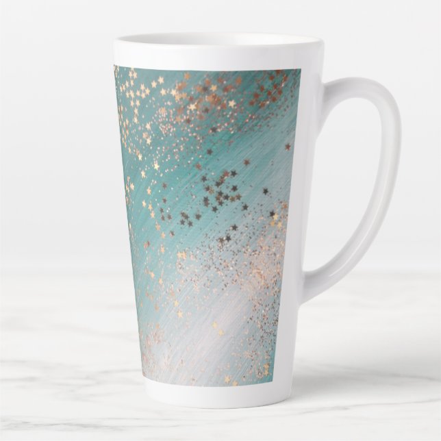 Caneca De Café Latte Shimmery Dourado Stars on Teal  (Direita)