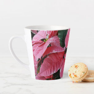 Caneca De Café Latte Silver Star Marble Poinsettias Feriado Rosa Floral