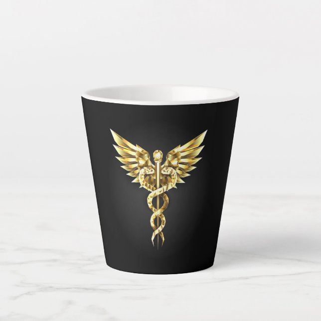 Caneca De Café Latte Símbolo Poligonal Dourado Caduceus (Frente)