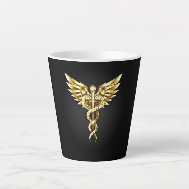 Caneca De Café Latte Símbolo Poligonal Dourado Caduceus (Frente)
