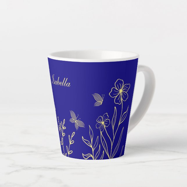 Caneca De Café Latte Simples flores de ouro elegantes azul real (Ângulo direito)