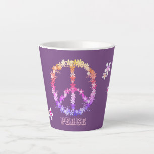 Caneca De Café Latte Sinal de paz com flores coloridas,Texto personaliz