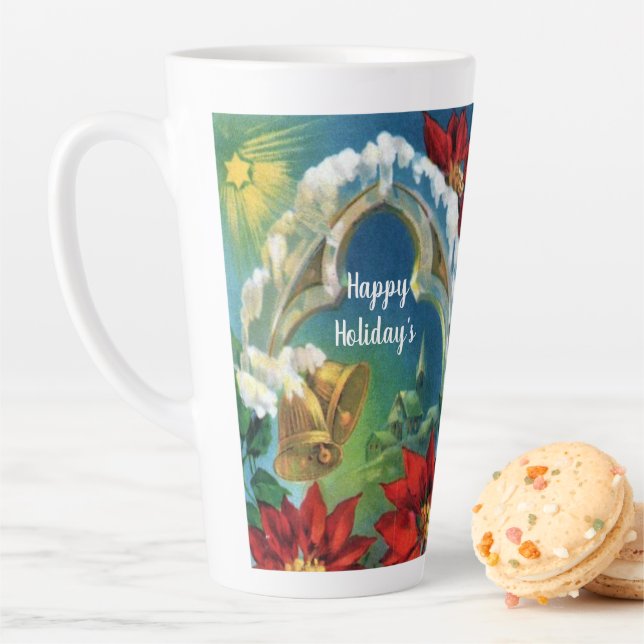 Caneca De Café Latte Sinos de Natal Antigos e Poinsettias Vermelhas (In Situ)