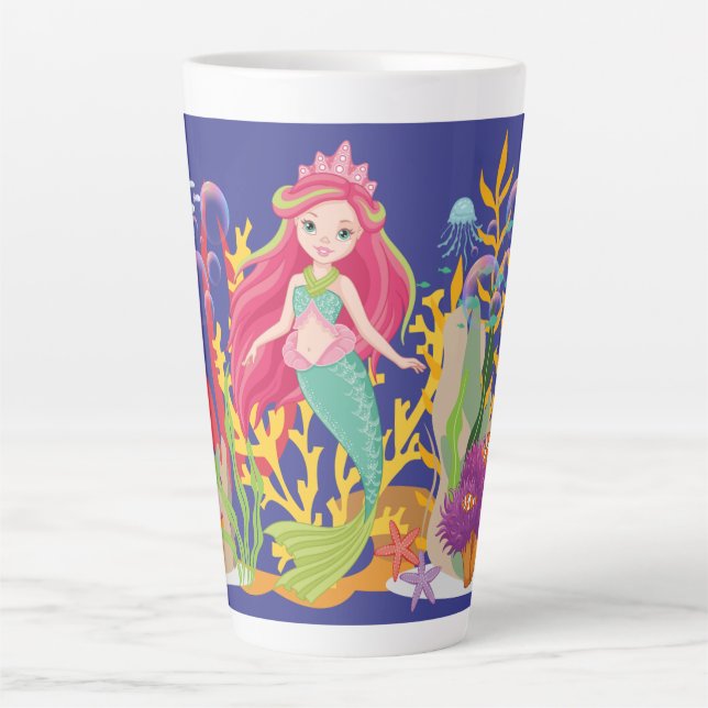 Caneca De Café Latte Siren Oceano: Cabelo Vermelho Longo (Frente)